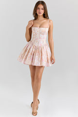 peach floral print stretch cotton mini sundress