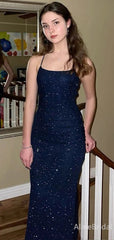 Sparkly Blue Spaghetti Strap Lace-up Mermaid Long Prom Dress,PD38141