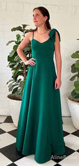 Elegant Green V-neck Spaghetti Strap A-line Long Prom Dress with Tie Shoulder,PD381763