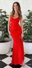 Elegant Red V-neck Side Cut-Out Mermaid Long Prom Dress, PD381765