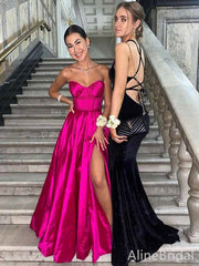 Gorgeous Sweetheart Strapless Hot Pink A-line Long Prom Dress with Slit, PD381768