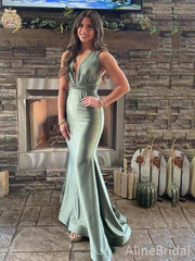 Elegant Olive Green V-neck Mermaid Long Prom Dress, Evening Dress, PD381780