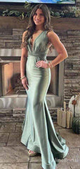Elegant Olive Green V-neck Mermaid Long Prom Dress, Evening Dress, PD381780