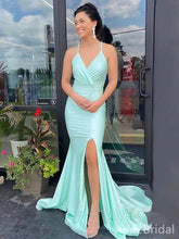 Sexy Aqua Blue V-neck Spaghetti Strap Mermaid Prom Dress with Slit, PD381783