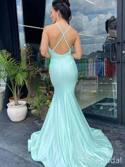 Sexy Aqua Blue V-neck Spaghetti Strap Mermaid Prom Dress with Slit, PD381783