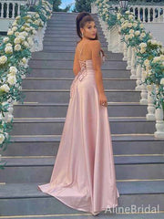 Elegant Dusty Pink Spaghetti Strap A-line Long Prom Dress with Side Slit, PD381795