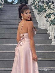 Elegant Dusty Pink Spaghetti Strap A-line Long Prom Dress with Side Slit, PD381795
