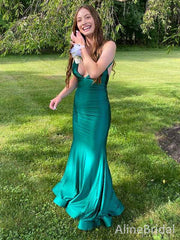 Sexy V-neck Spaghetti Strap Green Mermaid Long Prom Dress-Cut-Out Evening Dress, PD381804