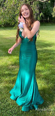 Sexy V-neck Spaghetti Strap Green Mermaid Long Prom Dress-Cut-Out Evening Dress, PD381804