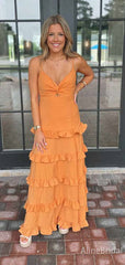 Elegant Orange V-neck Front Twist A-line Long Prom Dress, Evening Dress, PD381860