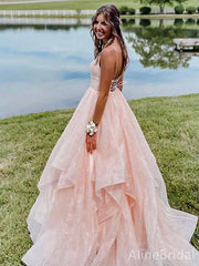 Gorgeous Peach Pink V-neckA-line Long Tiered Tulle Ball Gown with Lace Up Back-Spaghetti Strap, PD381863