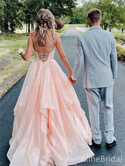 Gorgeous Peach Pink V-neckA-line Long Tiered Tulle Ball Gown with Lace Up Back-Spaghetti Strap, PD381863