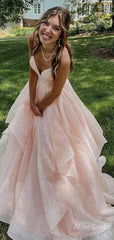 Gorgeous Peach Pink V-neckA-line Long Tiered Tulle Ball Gown with Lace Up Back-Spaghetti Strap, PD381863