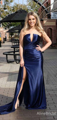 Sexy V-neck Strapless Navy Blue Mermaid Long Prom Dress with Slit, Evening Dress, PD381870