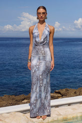 LOTUS HALTER COWL MAXI DRESS - STEEL VIPER