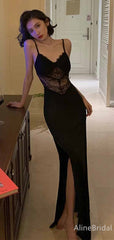 Sexy Black V-neck Sheer Corset Long Mermaid Lace Evening Dress with Slit, Evening Dress, PD381947
