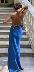Elegant One-Shoulder Royal Blue Spaghetti Strap Backless Side-Slit Mermaid Long Prom Dress, Evening Dress, PD381963