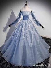 Gorgeous Blue Strapless A-line Long Prom Ball Gown with Long Mesh Sleeve, PD381966