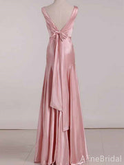 Elegant Pink V-neck Long Prom Dress with Bow Detailing, Evening Dress, PD381971