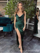 Sexy Dark Green Cowl Neck Long Prom Dress with Slit, PD382002
