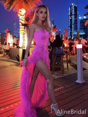 Elegant Strapless Sweetheart Feathers Hot Pink Strapless Prom Party Dress with High Slit , PD382007