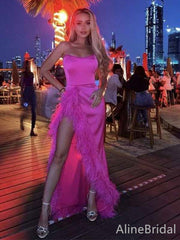 Elegant Strapless Sweetheart Feathers Hot Pink Strapless Prom Party Dress with High Slit , PD382007