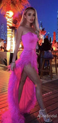 Elegant Strapless Sweetheart Feathers Hot Pink Strapless Prom Party Dress with High Slit , PD382007