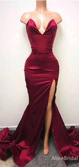 Elegant V-neck Strapless Side Slit Burgundy Mermaid Long Prom Dress, PD382035