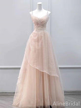 Pastel Pink Spaghetti Strap Pleated A-line Long Tulle Prom Ball Gown, PD382041