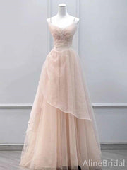 Pastel Pink Spaghetti Strap Pleated A-line Long Tulle Prom Ball Gown, PD382041