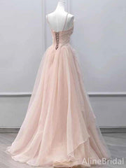 Pastel Pink Spaghetti Strap Pleated A-line Long Tulle Prom Ball Gown, PD382041