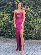 Elegant Strapless Hot Pink Mermaid Prom Dress with Slit, Twist-Front Evening Dress, PD382069