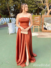 Elegant Rust Strapless A-line Long Prom Dress with Side Slit, Evening Dress, PD382108