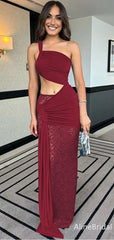 Sexy Burgundy One-Shoulder Long Mermaid Prom Dress, Cut Out Lace Evening Dress, PD382120