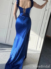 Elegant Navy-Blue Off-Shoulder Lace-up Mermaid Prom Dress with Trailing, Evening Dress, PD3822133