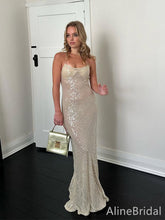 Sparkly Champagne Sequins Spaghetti Strap Long Mermaid Prom Dress, Evening Dress, PD382154