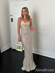 Sparkly Champagne Sequins Spaghetti Strap Long Mermaid Prom Dress, Evening Dress, PD382154
