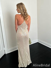 Sparkly Champagne Sequins Spaghetti Strap Long Mermaid Prom Dress, Evening Dress, PD382154
