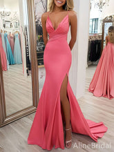 Elegant Pink V-neck Spaghetti Strap Long Mermaid Prom Dress with Side Slit, Evening Dress, PD382174