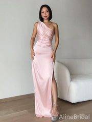 Elegant Pink One-Shoulder Long Mermaid Prom Dress with Slit, Evening Dress, PD382175