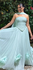 Elegant Pastel Blue Strapless Corset A-line Long Tulle Prom Dress, Evening Dress, PD382179