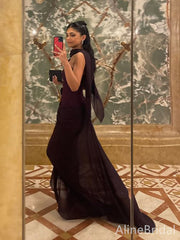Elegant Dark Burgundy One-Shoulder Long Mermaid Prom Dress, Ruffled Tulle Evening Dress, PD382184