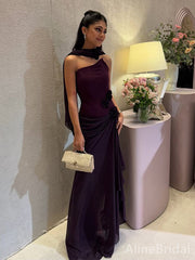 Elegant Dark Burgundy One-Shoulder Long Mermaid Prom Dress, Ruffled Tulle Evening Dress, PD382184