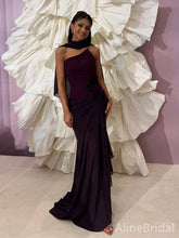 Elegant Dark Burgundy One-Shoulder Long Mermaid Prom Dress, Ruffled Tulle Evening Dress, PD382184