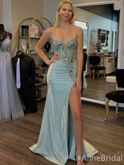 Gorgeous Light Green Sweetheart Strapless Long Mermaid Prom Dress with Slit, Evening Dress, PD382195