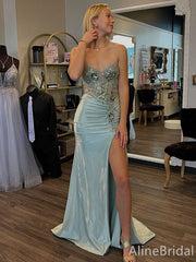 Gorgeous Light Green Sweetheart Strapless Long Mermaid Prom Dress with Slit, Evening Dress, PD382195