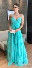 Elegant Blue V-neck Spaghetti Strap A-line Long Prom Dress, Evening Dress, PD382197