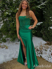 Elegant Green V-neck Split Side Mermaid Long Prom Dress, Evening Dress, PD382198
