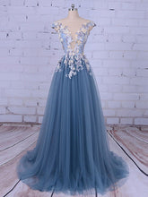 Popular Handmade Flowers V-neck Blue A-line Prom Gown Dresses,PD00046