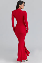 scarlet red hip drape maxi dress